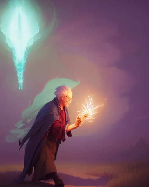 Image similar to highly detailed vfx portrait of an old mage casting a light spell, unreal engine, greg rutkowski, loish, rhads, beeple, makoto shinkai and lois van baarle, ilya kuvshinov, rossdraws, tom bagshaw, alphonse mucha, global illumination, detailed and intricate environment