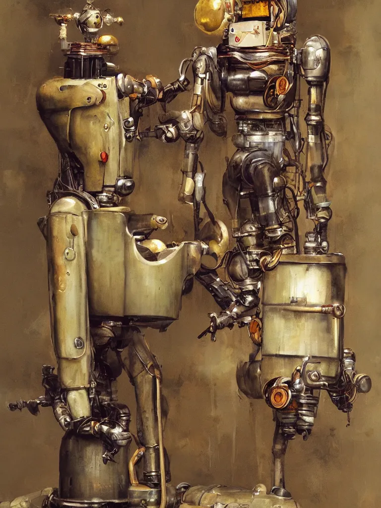 Image similar to full-length portrait of a singular old mechanical humanoid robot offering a cup of steaming coffee, by Esao Andrews, sharp focus, fresh colors, deviantart, conceptart