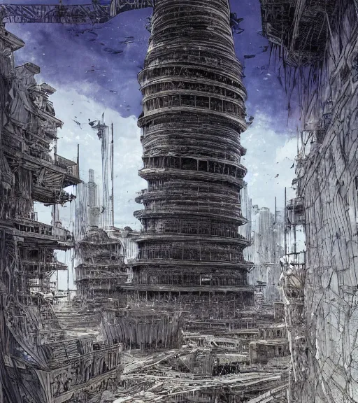 Image similar to tarkovsky scene, epic ancient tower of babylon below a woman in transparent cyber clothing, hyperrealistic, blame manga, full color, manga style, by tsutomu nihei, cyber architecture, intricate, concept art, hyper - detailed, smooth, masterpiece, epic, cinematic, high quality