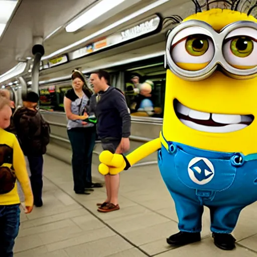 Image similar to subway jared luring minion with a banana