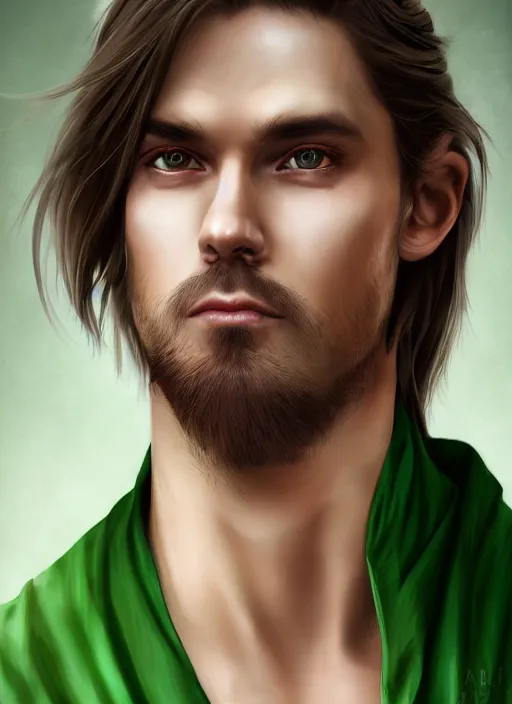 Image similar to a handsome man portrait, demeanour of a transcendent being, sage, character, closeup headshot, white long hair, wearing green robe, in the style of artgerm, wlop, alexis franklin, cgsociety, 8 k resolution, detailed