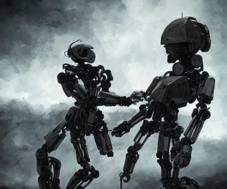 Image similar to humanlike androids fighting robots, post - apocalyptic world, dark landscapes, dreary, photorealistic