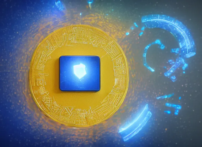Image similar to ad for a flat square magic golden computer chip with runes and a glowing blue crystal in the center, mana flowing around it, product photo, dynamic composition, hyperrealism, octane render, fluid simulation, trending on artstation, unreal engine 5, 4 k, 8 k