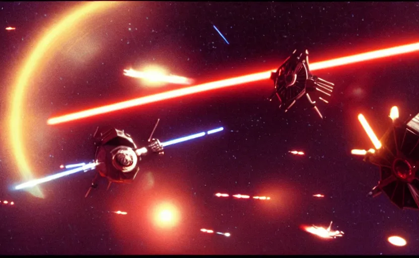 Image similar to iconic cinematic screen shot of scene x wing space battle against new tie fighter desing, from the action packed scene from the 1 9 7 0 s star wars sci fi film by stanley kubrick, glowing lasers, kodak film stock, anamorphic lenses 2 4 mm, lens flare, iconic cinematography, award winning