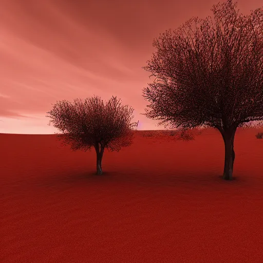 Prompt: Red sand desert,tree,cloudy,windy,dusk,cinematic composition,cinematic lighting,photo real,hyper realistic,highly detailed,8k render