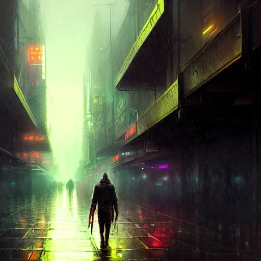 Image similar to an exhausted warrior walks from left to right a lost cyberpunk city, rainy day, radiant light, digital painting, art station, by les edwards, by greg rutkowski