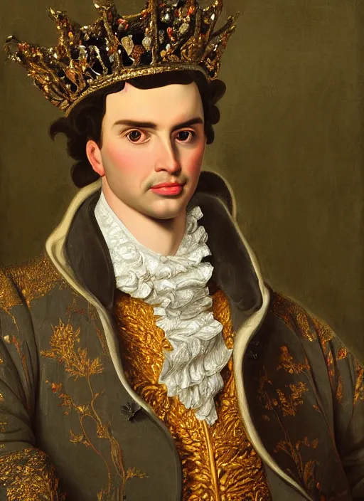 Image similar to close - up portrait of anthropomorphic prince with a head of frog, in a crown, bokeh, blurred space, stars, dreamy, romantic, painting in the museum, highly detailed, sharp focus, digital painting, artwork, by john james audubon by victor adame minguez by yuumei by tom lovell by sandro botticelli