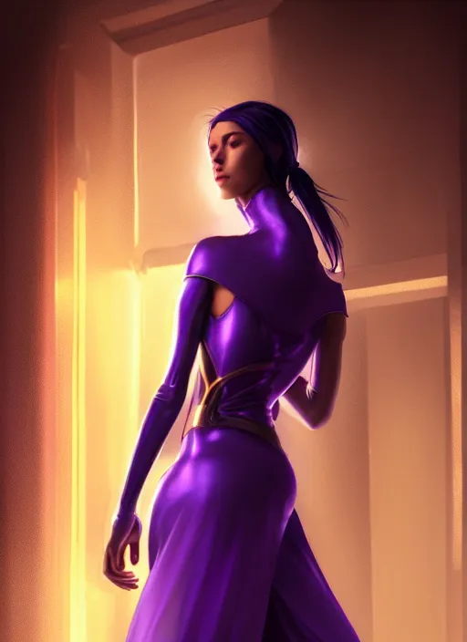 Prompt: young woman wearing night dress : : purple - gold streets cyberpunk : : weta disney pixar movie still photo : : decadent highly - detailed digital painting, heroic pose, full length shot, golden ratio, octane render, artstation, smooth, sharp focus, artgerm, mucha, loish, wlop, gogo