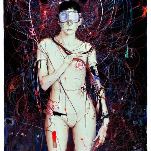 Image similar to a female cyberpunk cyberhacker, wires cybernetic implants, in the style of adrian ghenie esao andrews jenny saville surrealism dark art by james jean takato yamamoto and by ashley wood