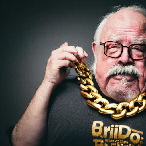 Image similar to dslr portrait photo still of!!! wilfred brimley!!! as a gangsta rapper with gold chains and gold teeth grills growling at camera!!! holding up his hand to show off his large ornate rings!!!, 8 k, 8 5 mm f 1. 8