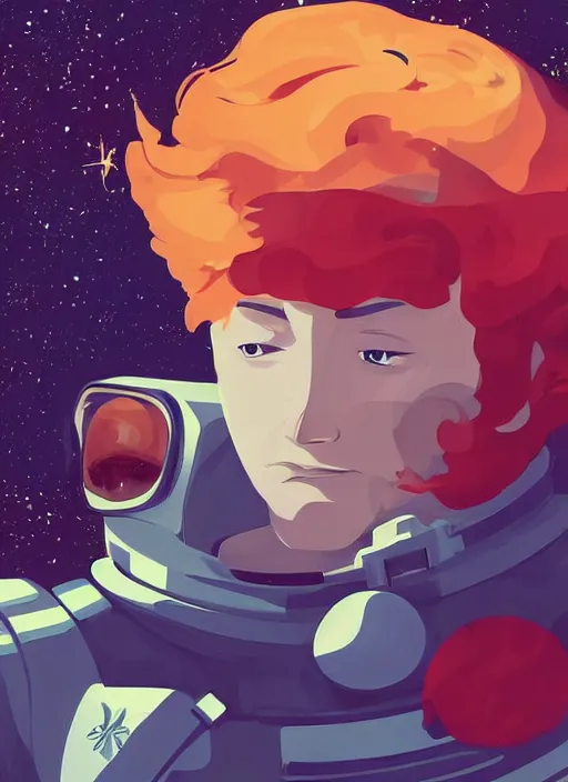 Image similar to a handsome man with red hair floating in space. he is an astronaut, wearing a space suit. clean cel shaded vector art. shutterstock. behance hd by lois van baarle, artgerm, helen huang, by makoto shinkai and ilya kuvshinov, rossdraws, illustration, art by ilya kuvshinov