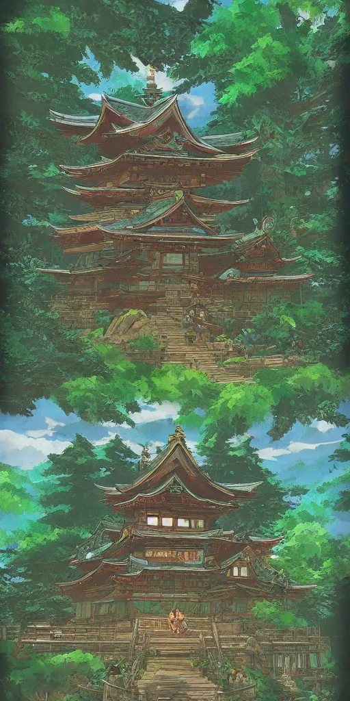 Prompt: detailed japanese treehouse shrine, breath of the wild, hyrule, studio ghibli artstation, 3 5 mm