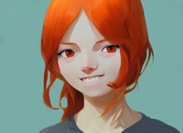 Prompt: portrait of a beautiful smiling girl with orange hair and freckles, green eyes, detailed facial features, beautiful face, digital painting, artstation, highly detailed, by makoto shinkai and thomas kindle and James gilleard