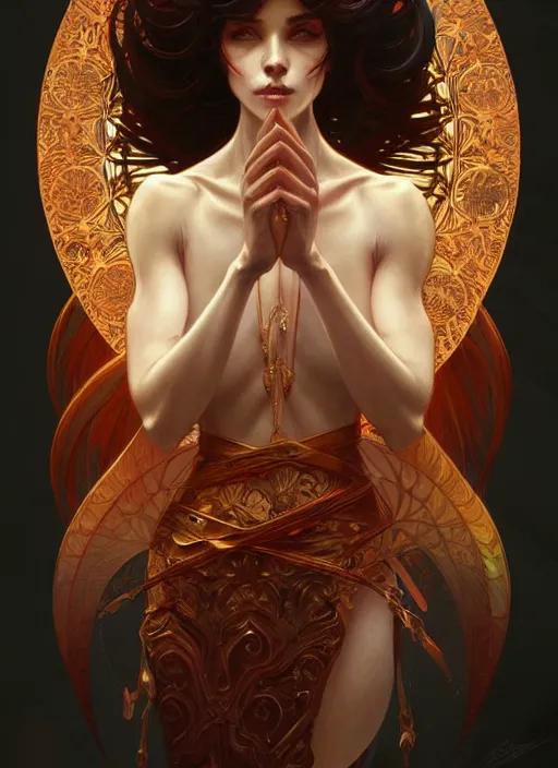 Prompt: demon intricate, elegant, highly detailed, digital painting, artstation, concept art, smooth, sharp focus, illustration, art by artgerm and greg rutkowski and alphonse mucha