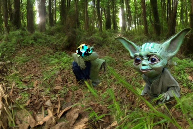 Prompt: yoda caught on trail cam