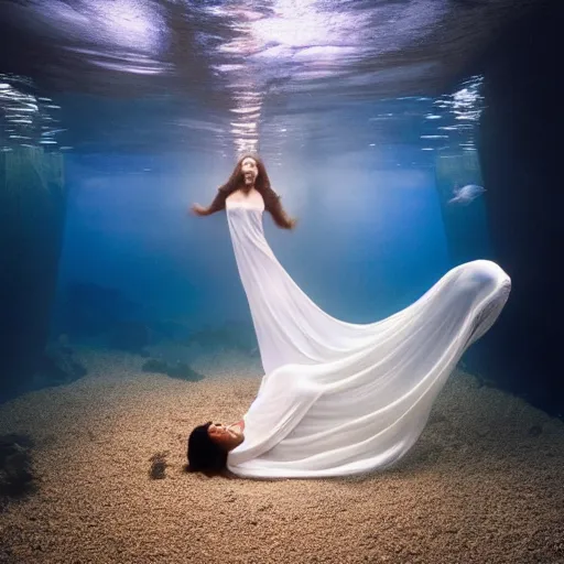 Image similar to portrait photo by mort kunstler and annie leibovitz and monia merlo, a woman completely covered in a sheer flowing long white sheet floating in the center of an aquarium, backlit, 4 d, 4 k, volumetric lighting, photorealistic, light ray, hyperdetailed