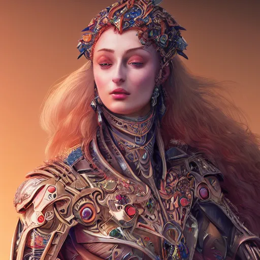 Prompt: sophie turner studio portrait of legitimate kind colorful female divine mech paladin transformers absurdly beautiful, elegant, young sexy elegant woman, super fine surreal detailed facial illustration by kim jung gi, iraq nadar, intricate lines, clear focus, vivid colors, matte, octopath voyager, final fantasy, unreal engine highly rendered, global illumination, radiant light, intricate environment