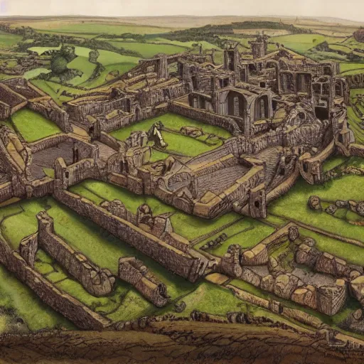 Image similar to a sprawling pictish settlement built around roman ruins in the english countryside, dark ages, 8 th century, by james gurney