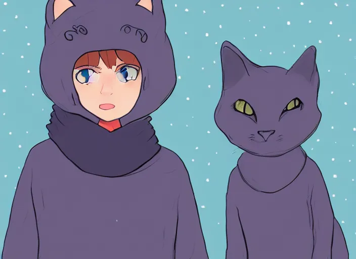 Image similar to Russian Blue catgirl wearing a thick sweater to protect herself from harsh Russian winter.