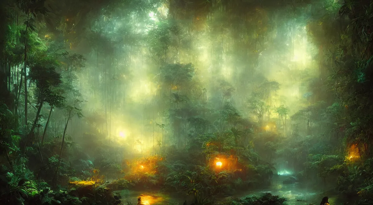 Prompt: vibrant bioluminescent jungle. andreas achenbach, artgerm, mikko lagerstedt, zack snyder, tokujin yoshioka