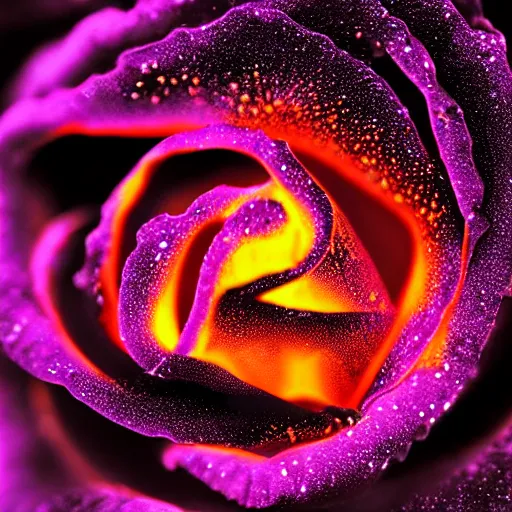 Image similar to award - winning macro of a beautiful black rose made of glowing molten magma, inner glow, lava texture