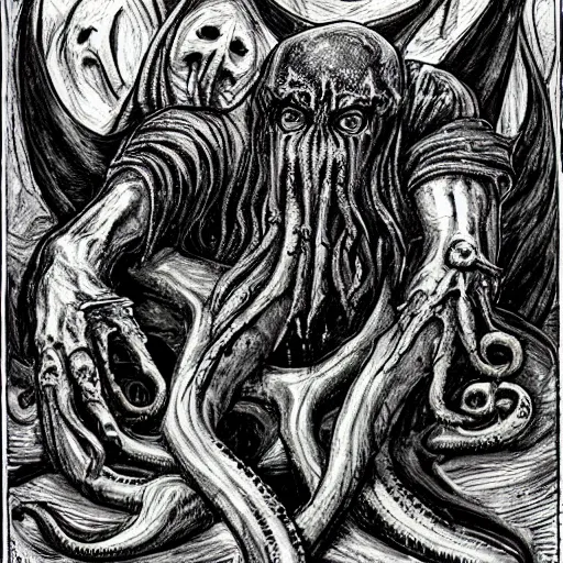 Image similar to in his house at r'lyeh dead cthulhu waits dreaming, divinity, awful, religious art