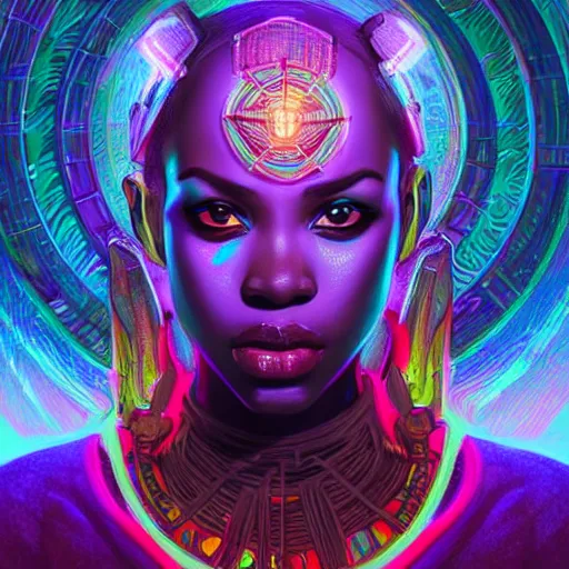 Image similar to african neon necromancer, science fiction, highly detailed, digital painting, beautiful eyes, symmetry, concept art, sharp focus, illustration, global illumination, radiant light, synthwave colors, detailed and intricate environment, art by artgerm and greg rutkowski and magali villeneuve and ilya kuvshinov!