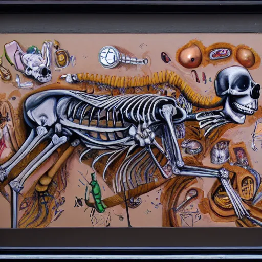 Prompt: a Painting by nychos, dissection crossection of a Disney dog Skeleton Organs