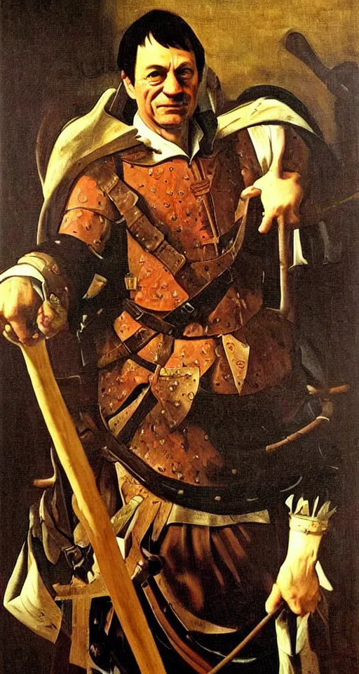 Image similar to a portrait of a Mario Draghi on horse and sword in hand, oil painting in a renaissance style , very detailed, painted by Caravaggio.