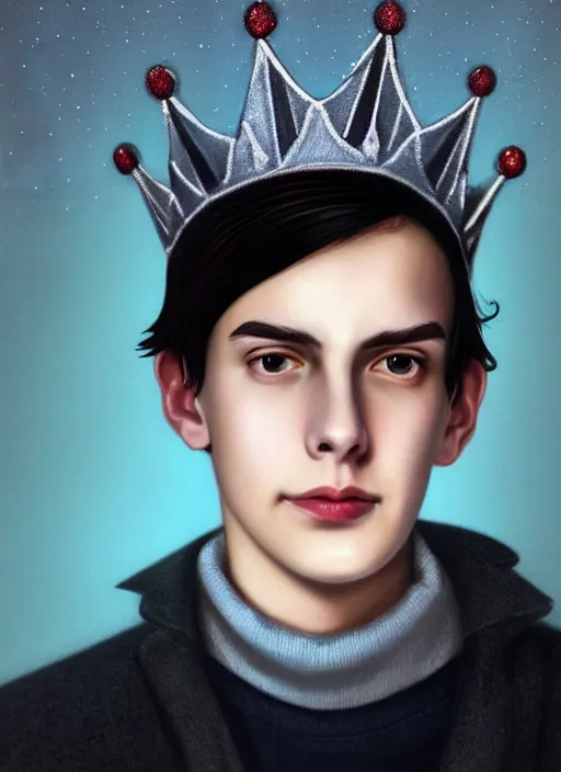 Image similar to portrait of teenage jughead jones wearing a light grey crown, crown, blue turtleneck, 1 9 5 0 s, closed eyes, photorealistic, black hair, glowing lighting, intricate, elegant, glowing lights, highly detailed, digital painting, artstation, concept art, smooth, sharp focus, illustration, art by wlop, mars ravelo and greg rutkowski