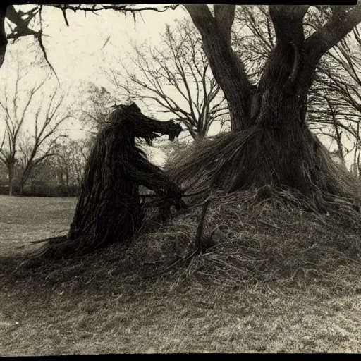 Image similar to shadow monster hiding behind a tree, vintage photo, eerie, 1920s