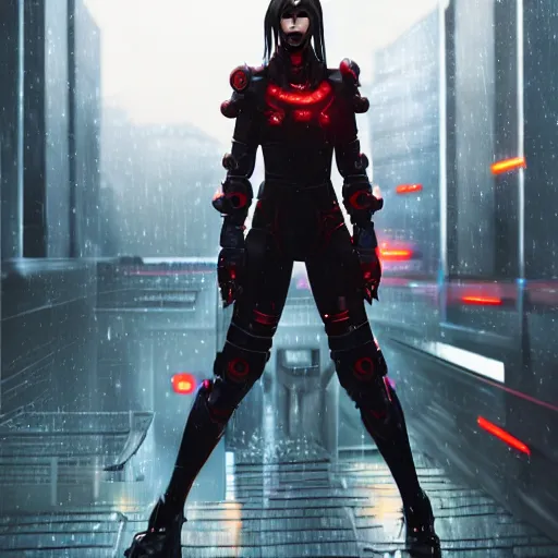 Image similar to An realistic epic fantastic comic book style portrait painting of a female cyber samurai by WLOP, black and reddish color armor, cyberpunk feel raining at tokyo rooftop, Concept world Art, unreal 5, DAZ, hyperrealistic, octane render, cosplay, RPG portrait, dramatic lighting, rim lights