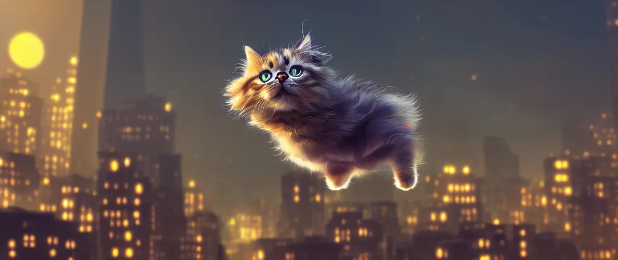 Prompt: hyper detailed concept art of a cute flooffy 3d cat jumping, background the city at night sharp cinematic lighting 8k low angle shallow depth of field