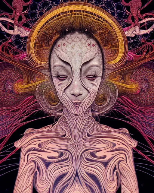 Image similar to human spirit breaking away from the body, conjuring psychedelic background, part by takato yamamoto, part by alex gray, ross tran, james jean, ultra realistic, octane render, highly detailed, 8 k, trending on artstation, cosmic, symmetry, masterpiece