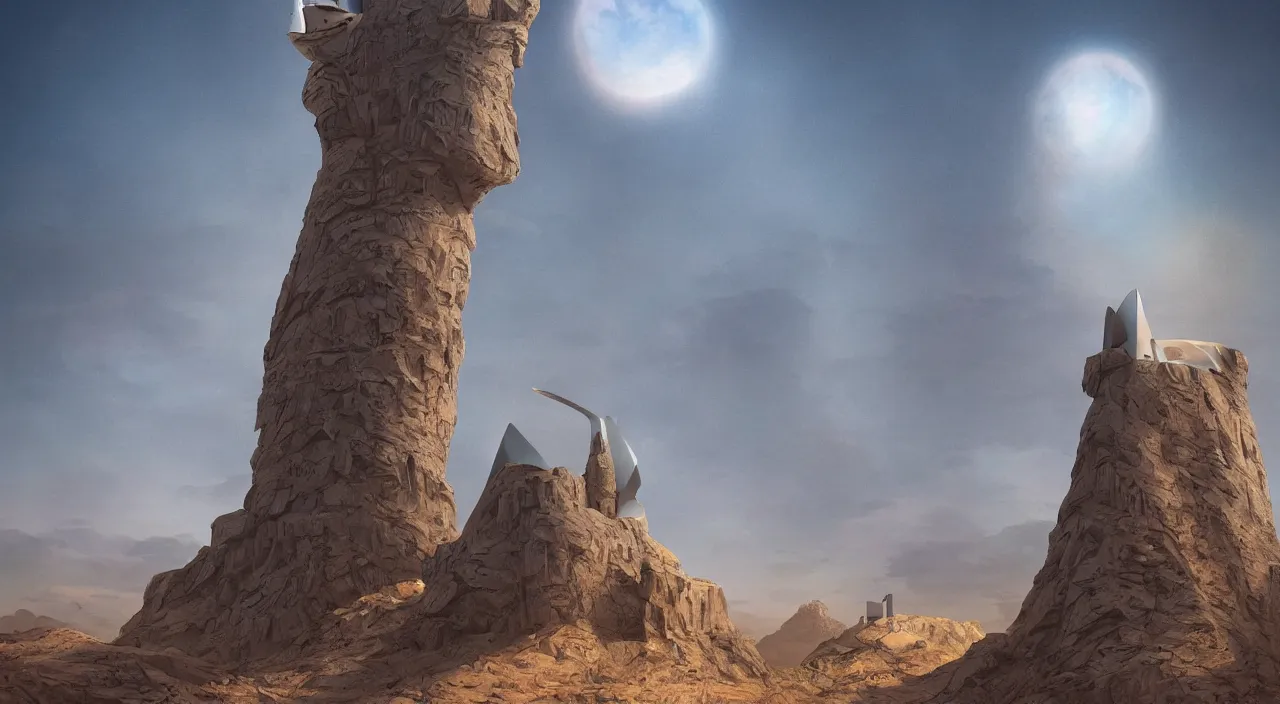 Prompt: a matte painting of a cat shaped tower in desert landscape by Frank Lloyd Wright and Zaha Hadid torch volume light stylized illustration digital airbrush painting, 3d rim light, hyperrealistic masterpiece, artstation, cgsociety, kodakchrome, golden ratio