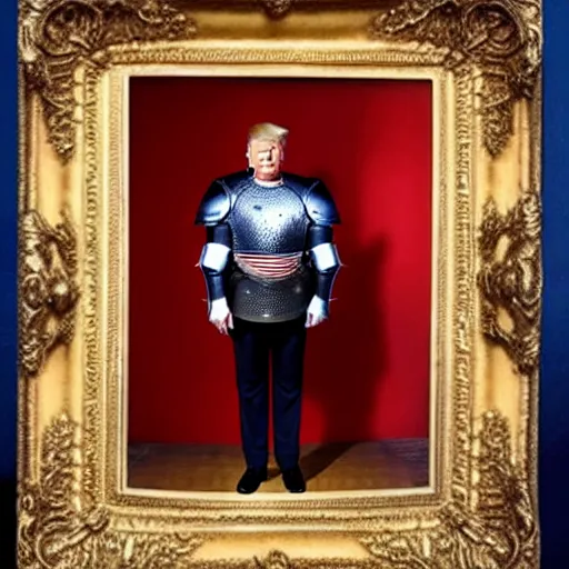 Image similar to full - body - front - shot!!!!!!!!!!!!, donald trump wearing knight'armor, crown, renaissance painting of a knight, detailed face of donald trump