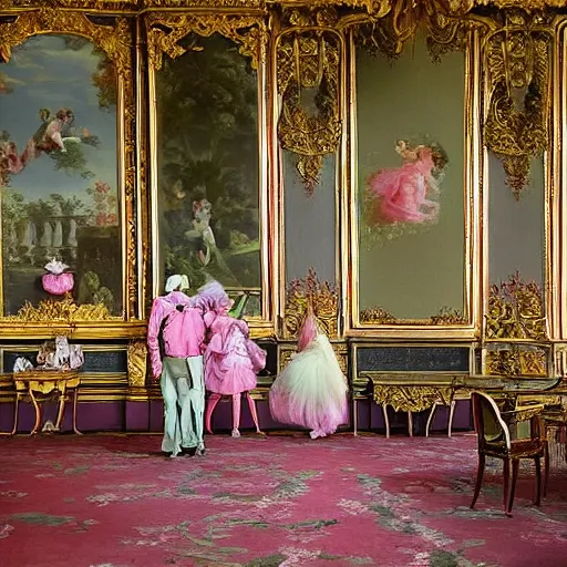 Image similar to victorian palace with beautiful gardens on pink fluffy clouds adopts the language of rococo, reimagining the dynamism of works by eighteenth - century artists such as giovanni battista tiepolo, francois boucher, nicolas lancret and jean - antoine watteau through a filter of contemporary cultural references including film, food and consumerism