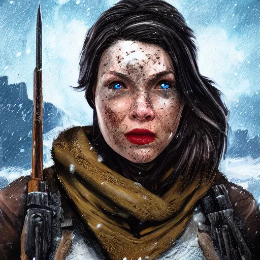 Prompt: A comic book style portrait painting of a female ranger in a a post apocalyptic winter landscape, unreal 5, DAZ, hyperrealistic, octane render, RPG portrait, ambient light, dynamic lighting