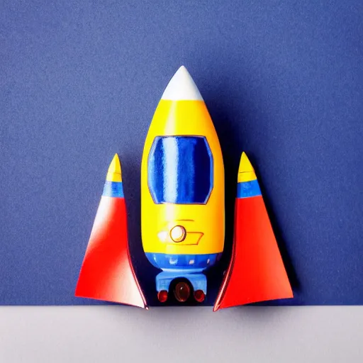 Image similar to a cute space rocket made of shiny plastic and aluminium - professional photo studio - dark bleu background - vignette