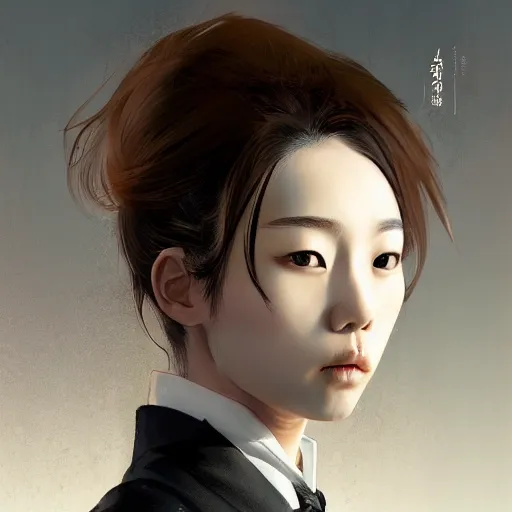 Image similar to portrait of a beautiful korean girl wearing a men's tuxedo, with bangs, very long hair and bangs, angular features, angry expression, dramatic lighting, illustration by Greg rutkowski, yoji shinkawa, 4k, digital art, concept art, trending on artstation