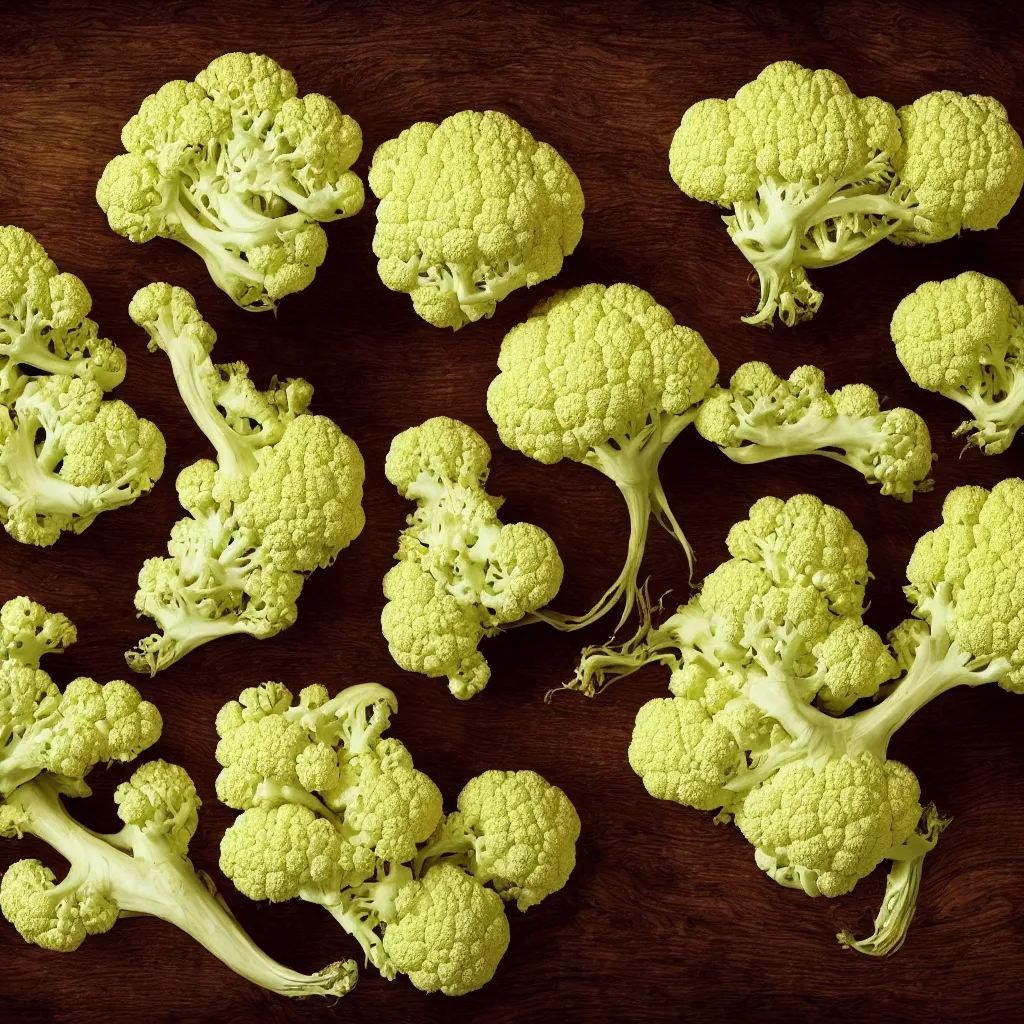 Prompt: large fractal of cauliflowers roots, over vivid dark wood table, precise, symmetrical, geometrical. food photography. super detailed. masterpiece