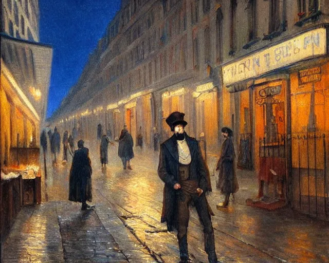 Prompt: a ragged clothed man begging on a street in early 2 0 th century paris. he has a top hat. street lights. evening. warm atmosphere. epic scene. blue vivid colours. 4 k, hyperdetailed. realism