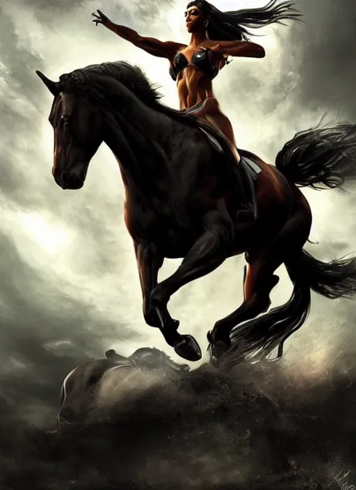 Image similar to the first horseman of the apocalypse riding a strong big black stallion, horse is running, the rider is carrying the scales of justice, beautiful artwork by artgerm and rutkowski, breathtaking, beautifully lit, dramatic, full view