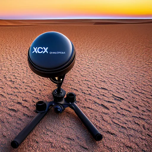 Prompt: peaceful mobile biomimetic rugged anemometer station sensor antenna on all terrain tank wheels, for monitoring the australian desert, XF IQ4, 150MP, 50mm, F1.4, ISO 200, 1/160s, dawn, golden ratio, rule of thirds