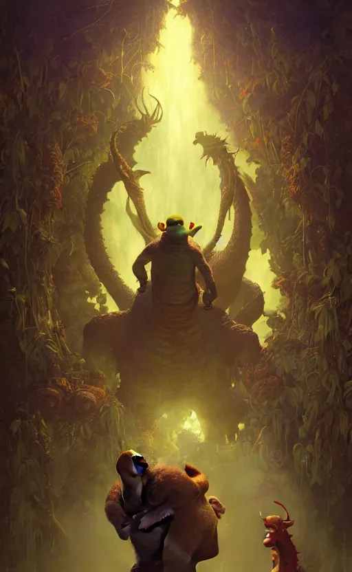 Image similar to shrek dragon gorgeous lighting by weta studio, mucha, bautista and norman rockwell and greg rutkowski and tom bagshaw and james gurney and lucasfilm