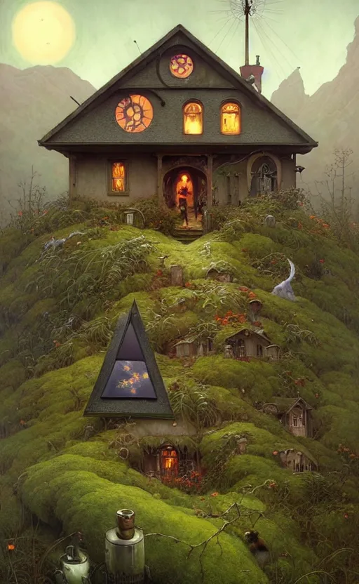 Image similar to a hyper realistic witchy cottage with solar panels on a tall hill, mountains, atmospheric lighting, lush foliage, painting by chiara bautista and tom bagshaw, mucha, beksinski and norman rockwell and greg rutkowski weta studio, and lucasfilm