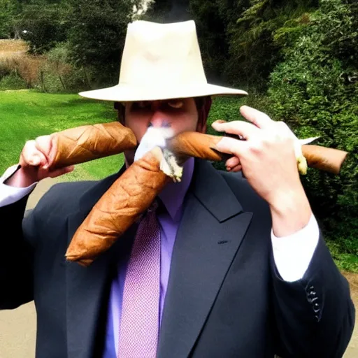 Image similar to smoking cigar, a man wearing a suit capybara head wearing a hat (smoking cigar)