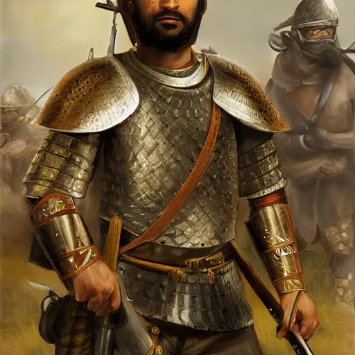 Image similar to portrait of a Islamic warrior, ready for battle, epic, highly detailed