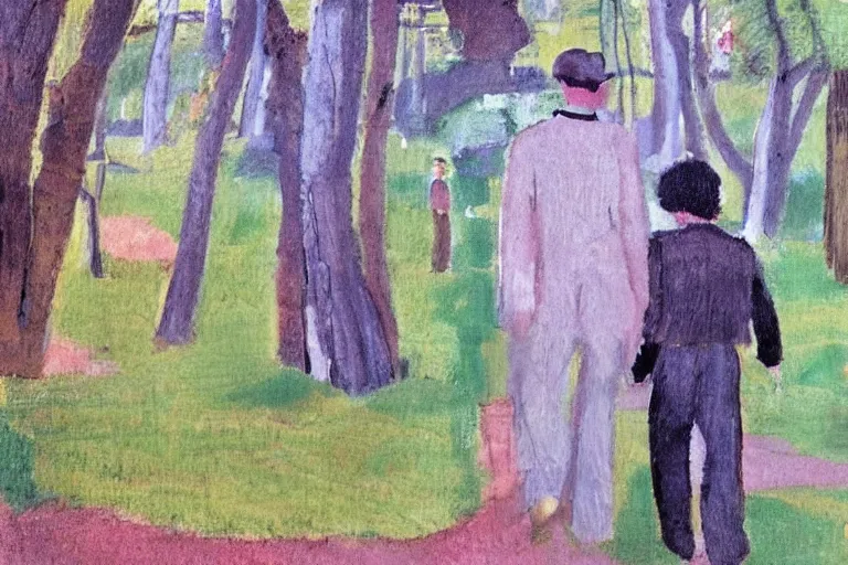 Image similar to a very tall man named John with dark hair holding the hands of a short young boy named Alex with dark hair as they walk in a park on a bright beautiful colorful day. part in the style of an edgar degas painting. part in the style of david hockney