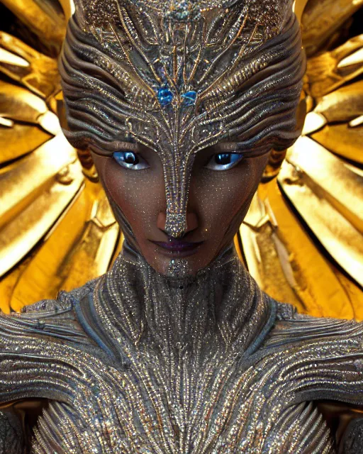 Prompt: a highly detailed metahuman 4 k close up render of an alien goddess bella hadid monument indian statue in iris van herpen dress schiaparelli in diamonds crystals swarovski and jewelry iridescent in style of alphonse mucha gustav klimt trending on artstation made in unreal engine 4